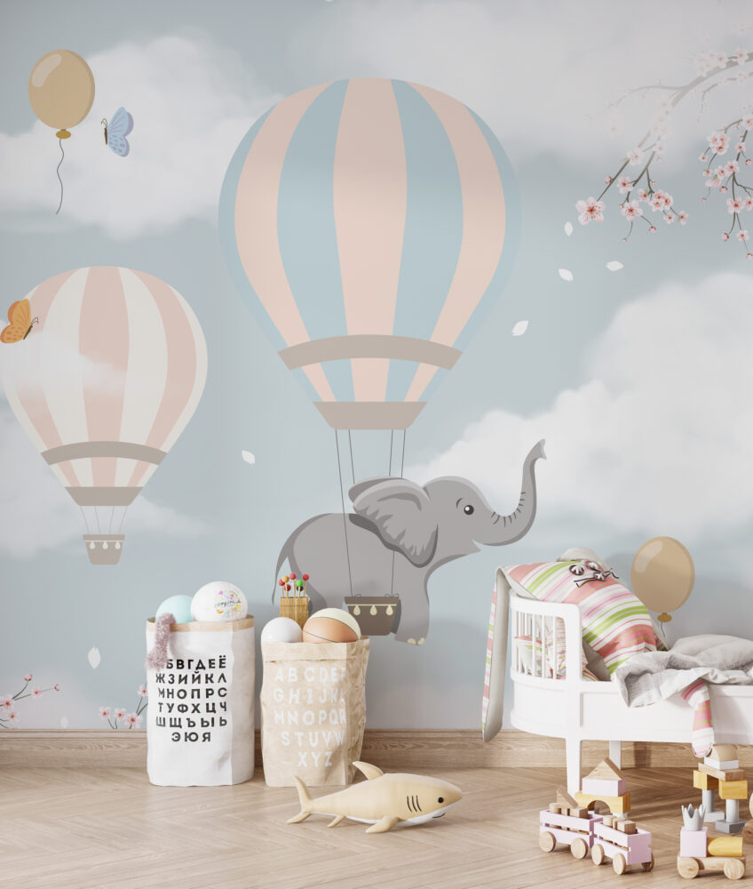 Blue Cloud Balloon Elephant Wallpaper : Nursery Sky Mural - View 5