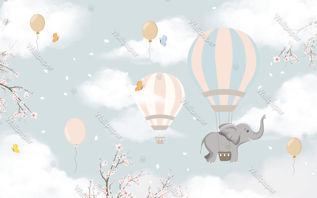 Blue Cloud Balloon Elephant Wallpaper : Nursery Sky Mural - View 2