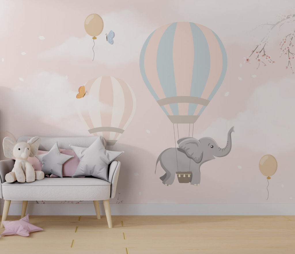 Pink Cloud Balloon Elephant Wallpaper : Nursery Sky Mural - View 4