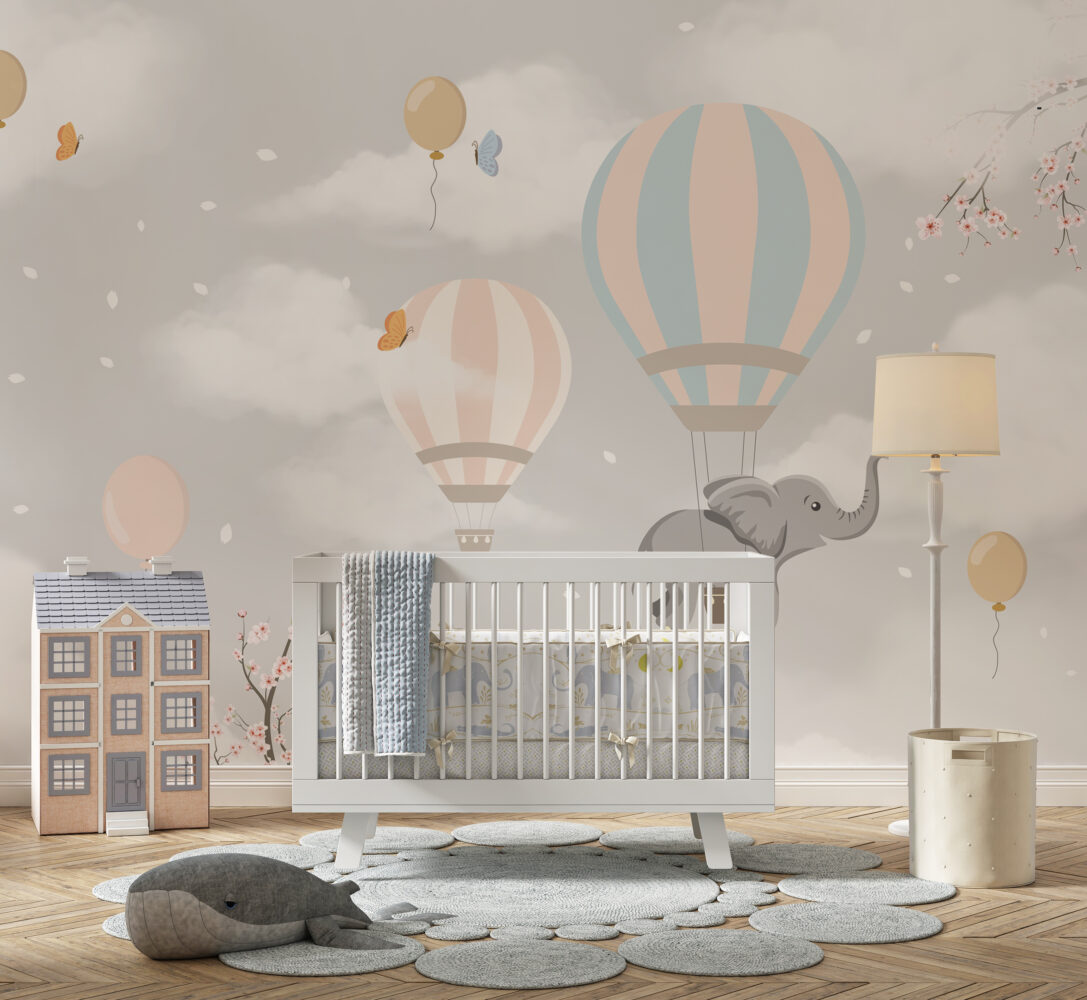 Balloon Elephant Wallpaper : Grey Sky Nursery Mural - View 4