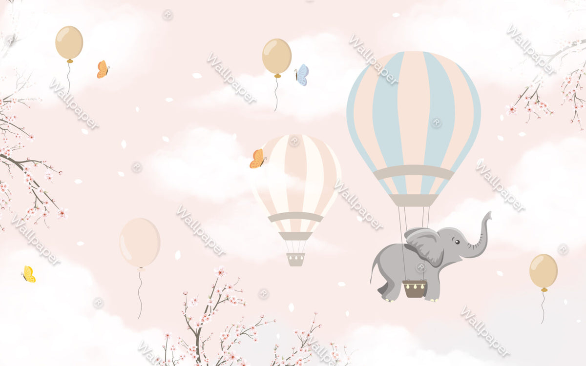 Pink Cloud Balloon Elephant Wallpaper : Nursery Sky Mural - View 2