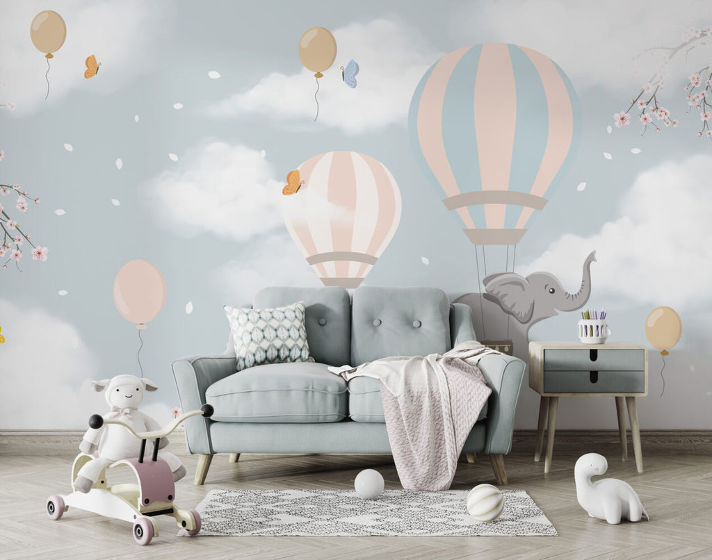 Blue Cloud Balloon Elephant Wallpaper : Nursery Sky Mural - View 6