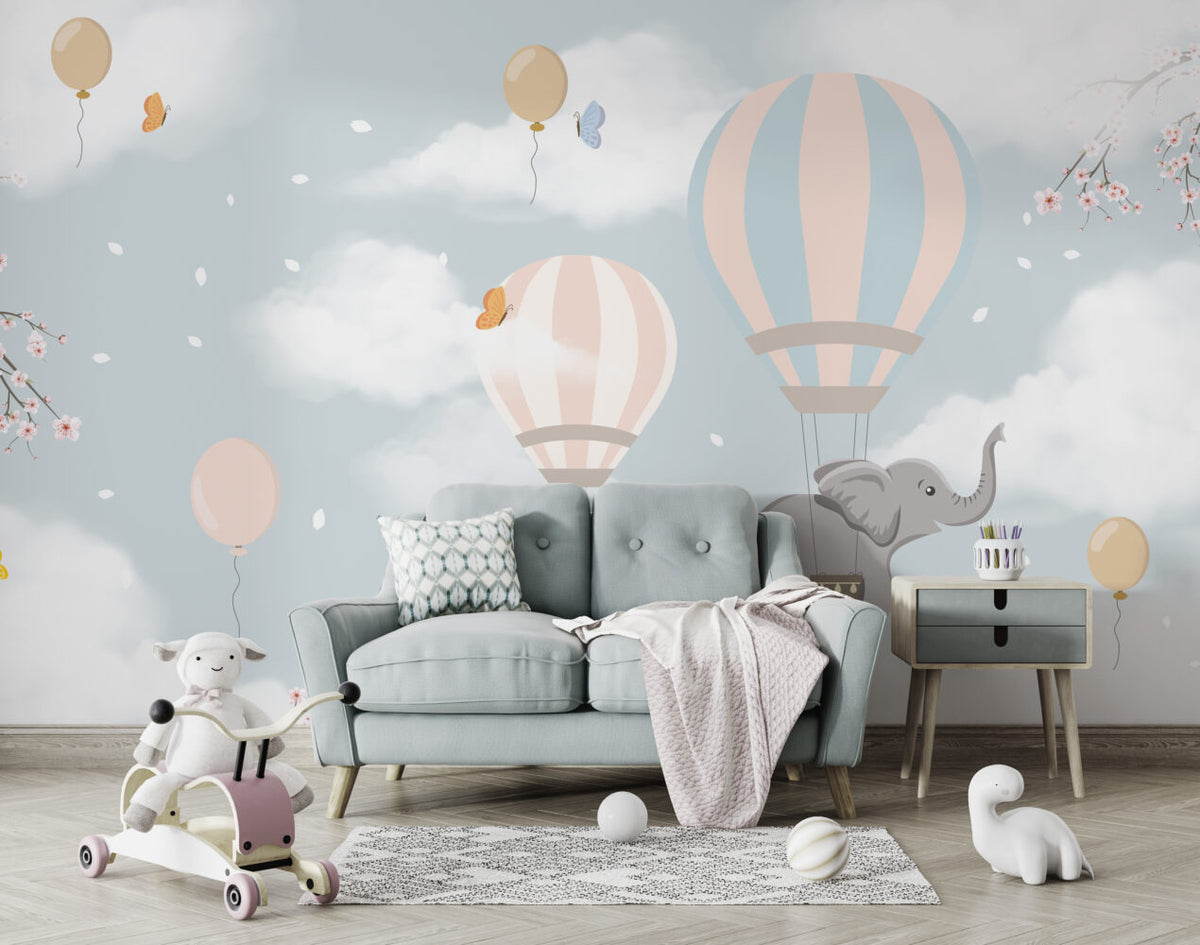 Blue Cloud Balloon Elephant Wallpaper : Nursery Sky Mural - View 6