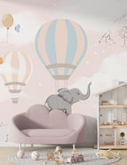 Pink Cloud Balloon Elephant Wallpaper : Nursery Sky Mural - View 5