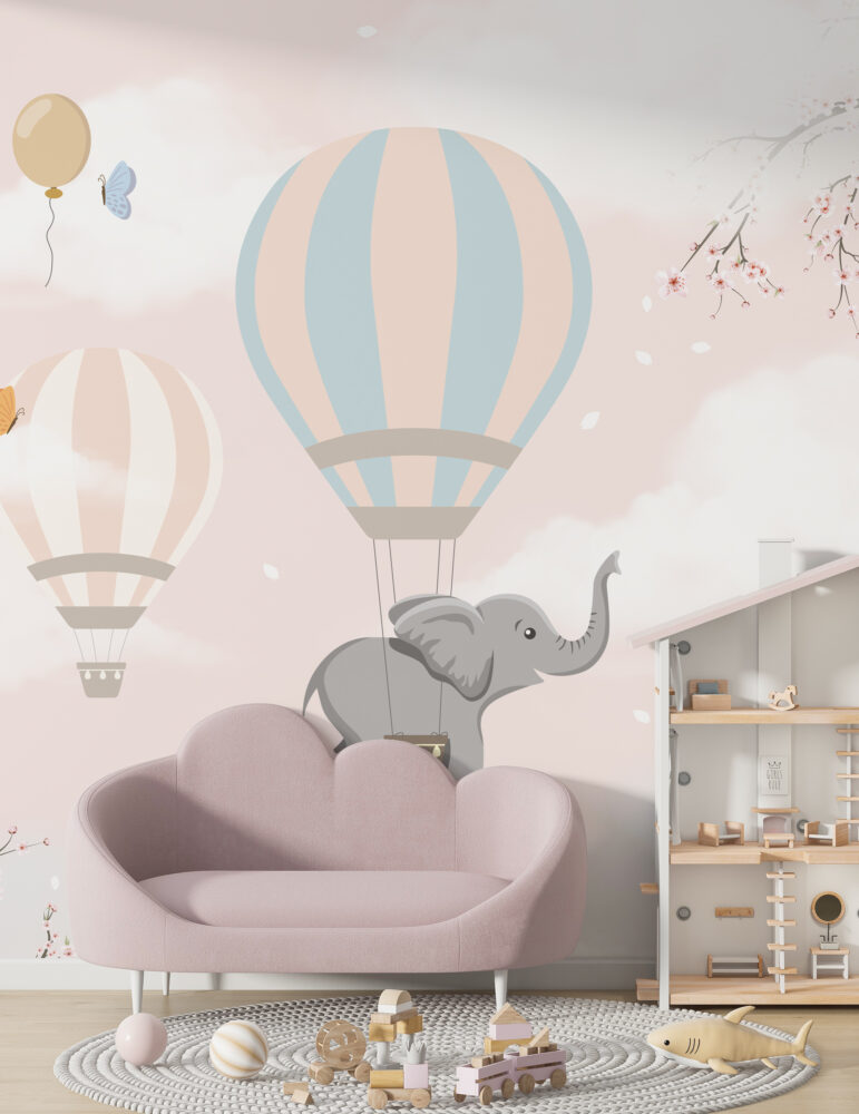 Pink Cloud Balloon Elephant Wallpaper : Nursery Sky Mural - View 5