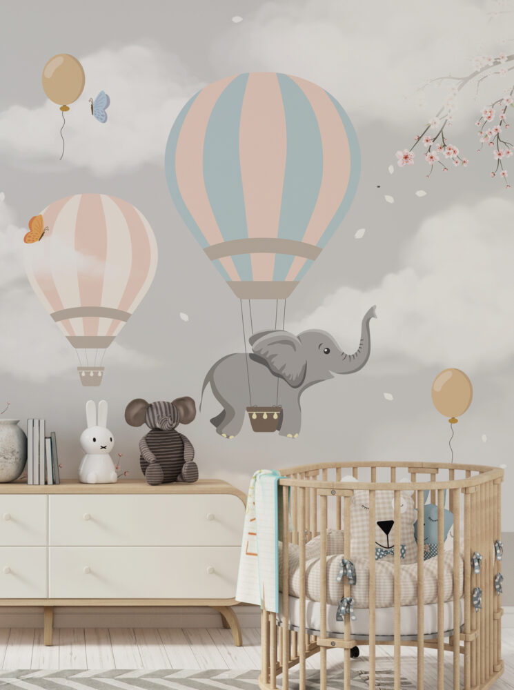 Balloon Elephant Wallpaper : Grey Sky Nursery Mural - View 5