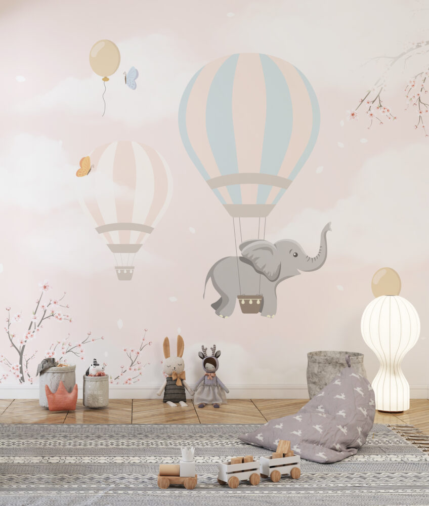 Pink Cloud Balloon Elephant Wallpaper : Nursery Sky Mural - View 6