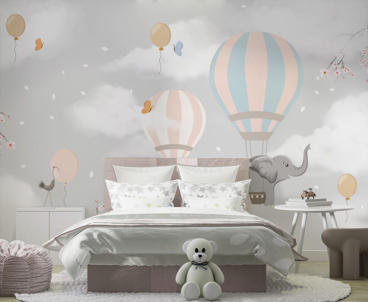 Balloon Elephant Wallpaper : Grey Sky Nursery Mural - View 6
