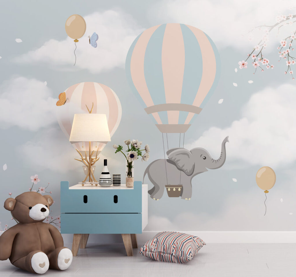 Blue Cloud Balloon Elephant Wallpaper : Nursery Sky Mural