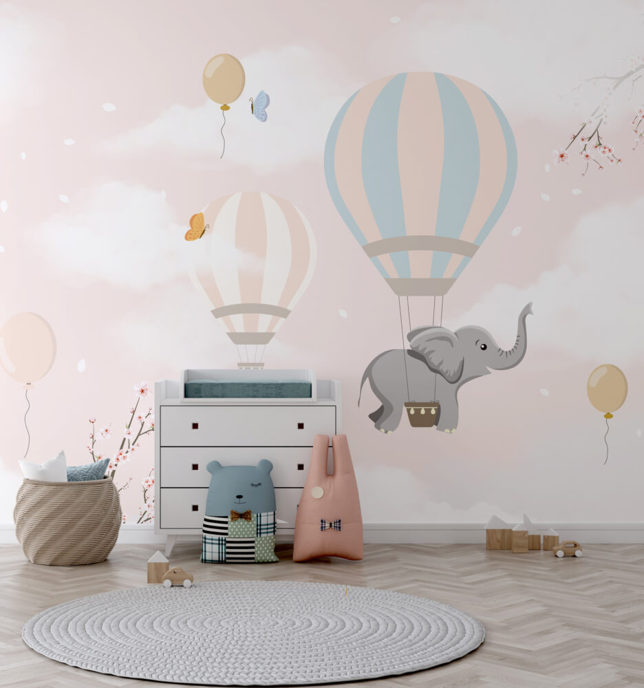 Pink Cloud Balloon Elephant Wallpaper : Nursery Sky Mural