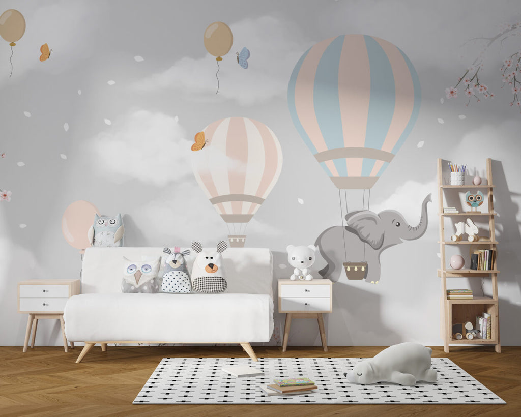 Balloon Elephant Wallpaper : Grey Sky Nursery Mural