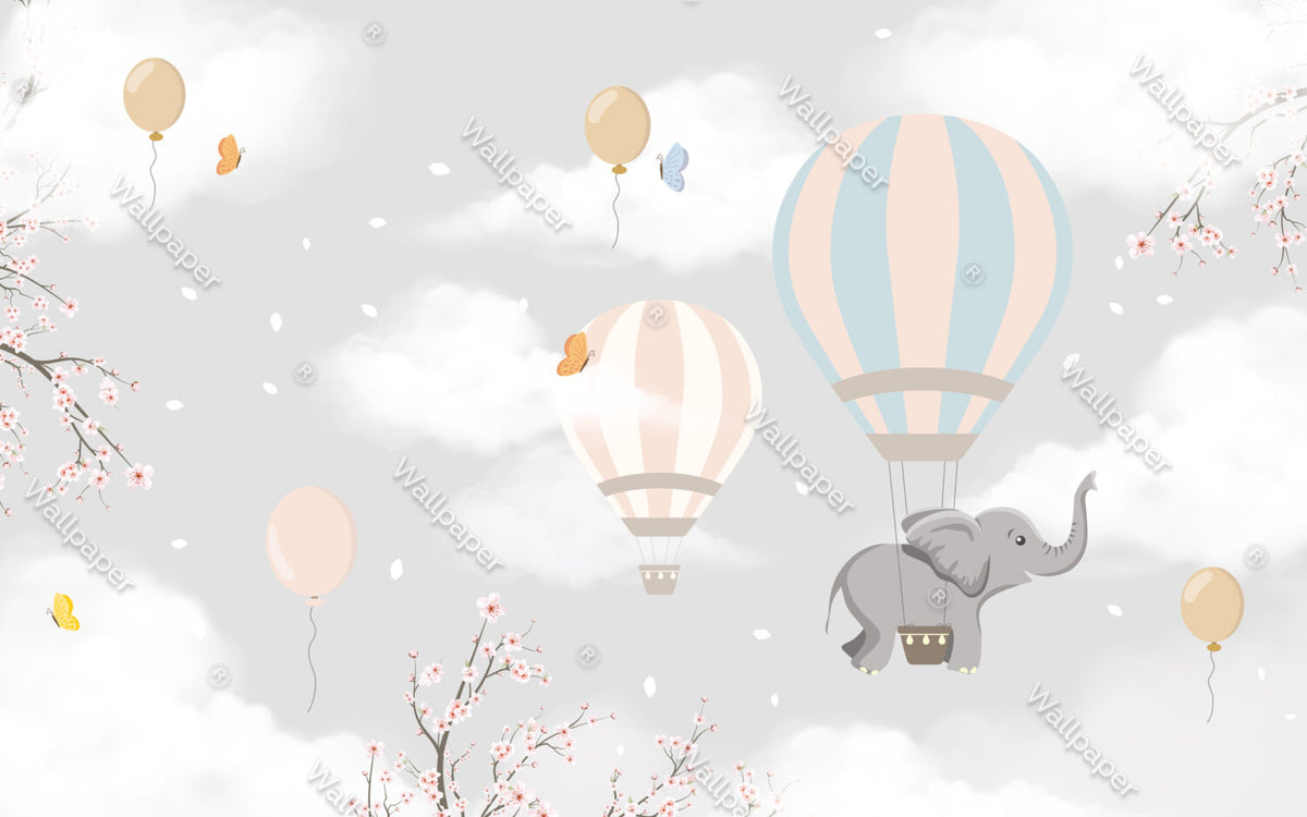 Balloon Elephant Wallpaper : Grey Sky Nursery Mural - View 2