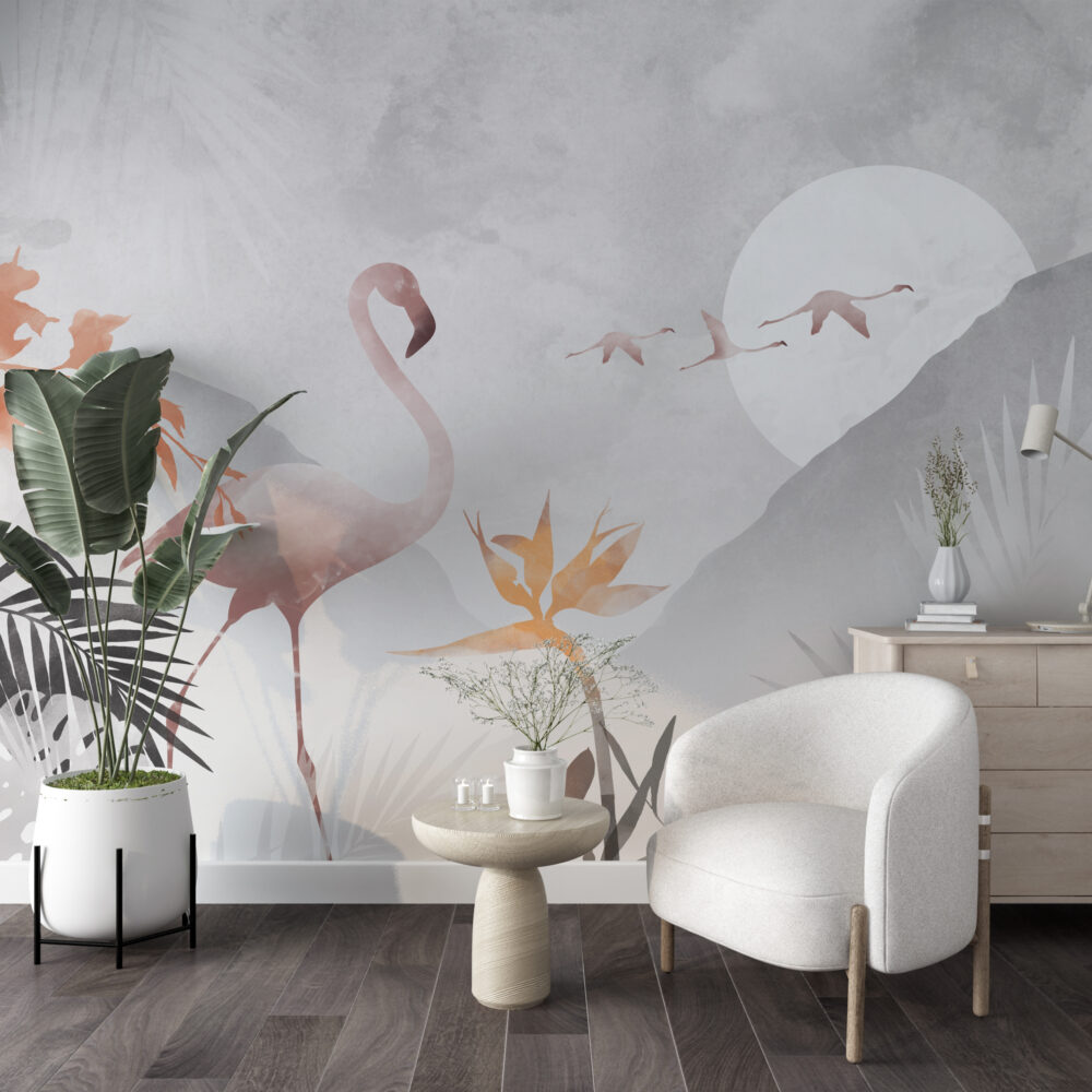 Moonlit Flamingo Wallpaper : Soft Tropical Watercolor Mural - View 3