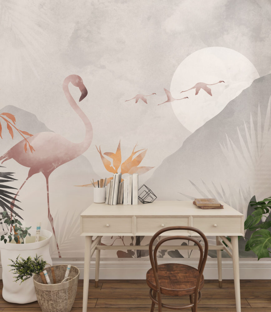 Moonlit Flamingo Wallpaper : Soft Tropical Watercolor Mural - View 4