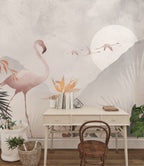 Moonlit Flamingo Wallpaper : Soft Tropical Watercolor Mural - View 4