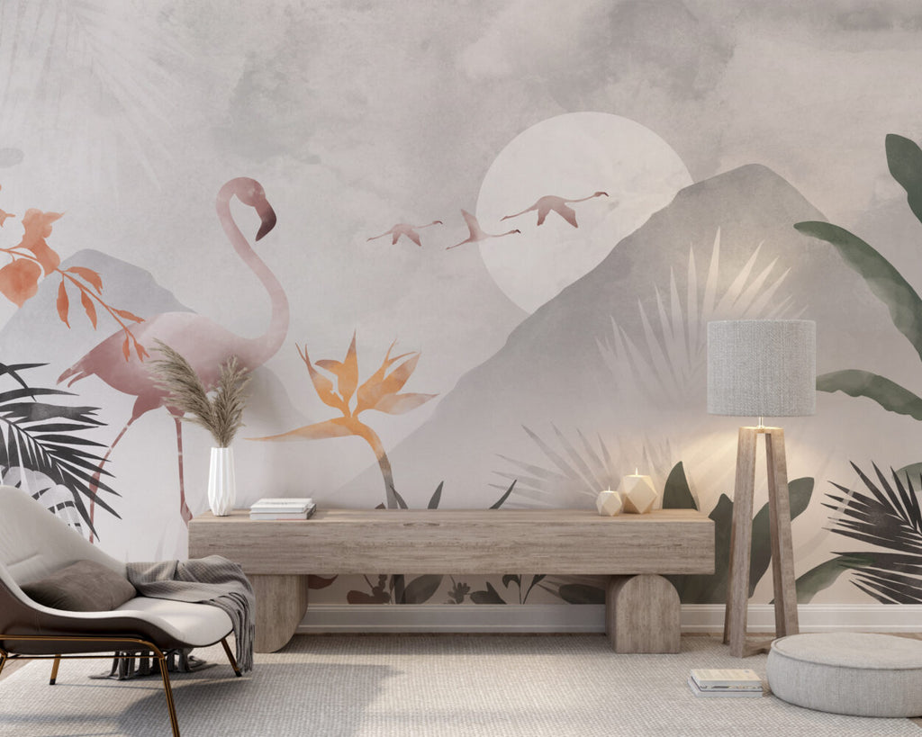 Moonlit Flamingo Wallpaper : Soft Tropical Watercolor Mural - View 5