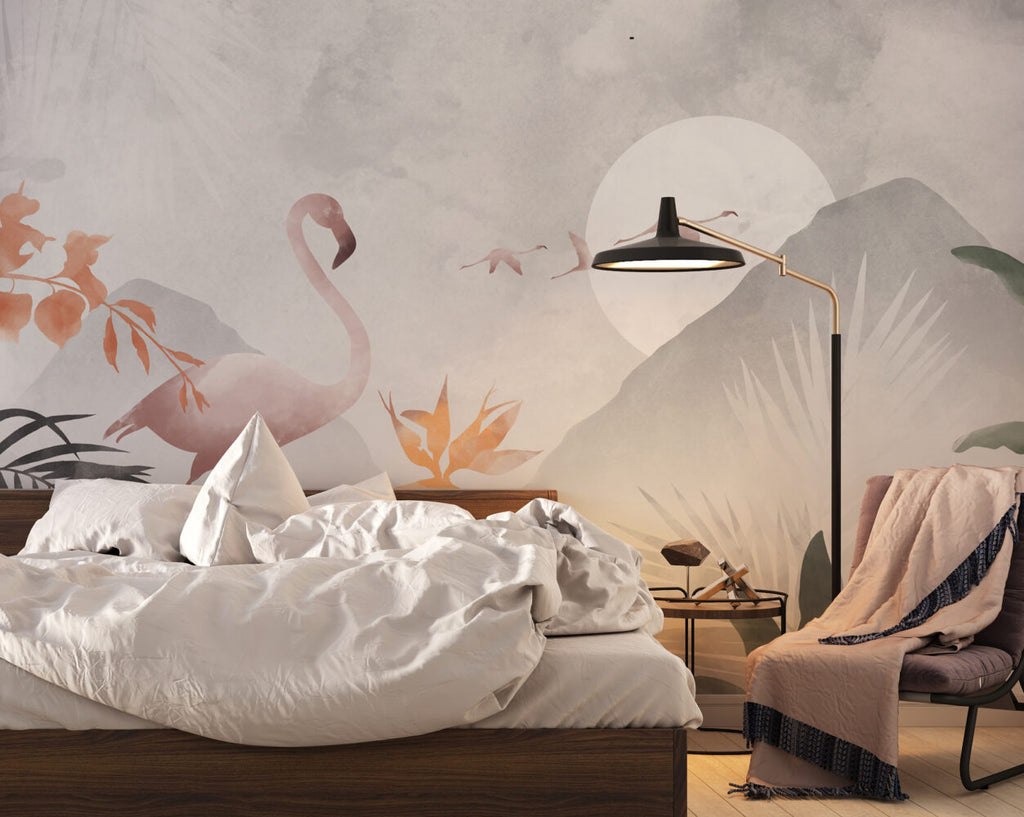 Moonlit Flamingo Wallpaper : Soft Tropical Watercolor Mural - View 6