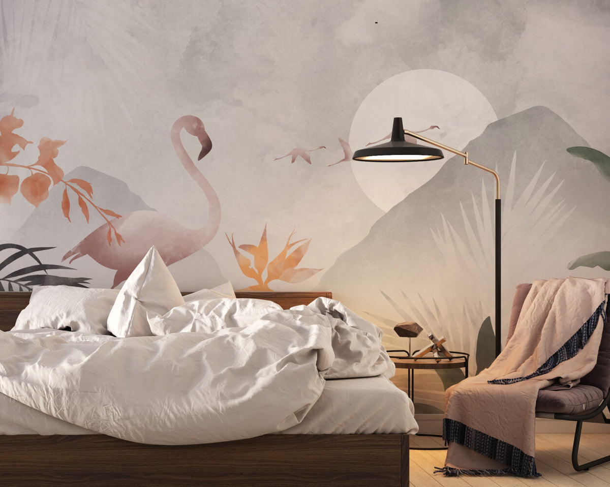 Moonlit Flamingo Wallpaper : Soft Tropical Watercolor Mural - View 6