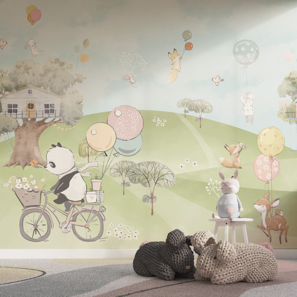 Balloon Panda Wallpaper : Green Hills Woodland Kids Mural - View 3