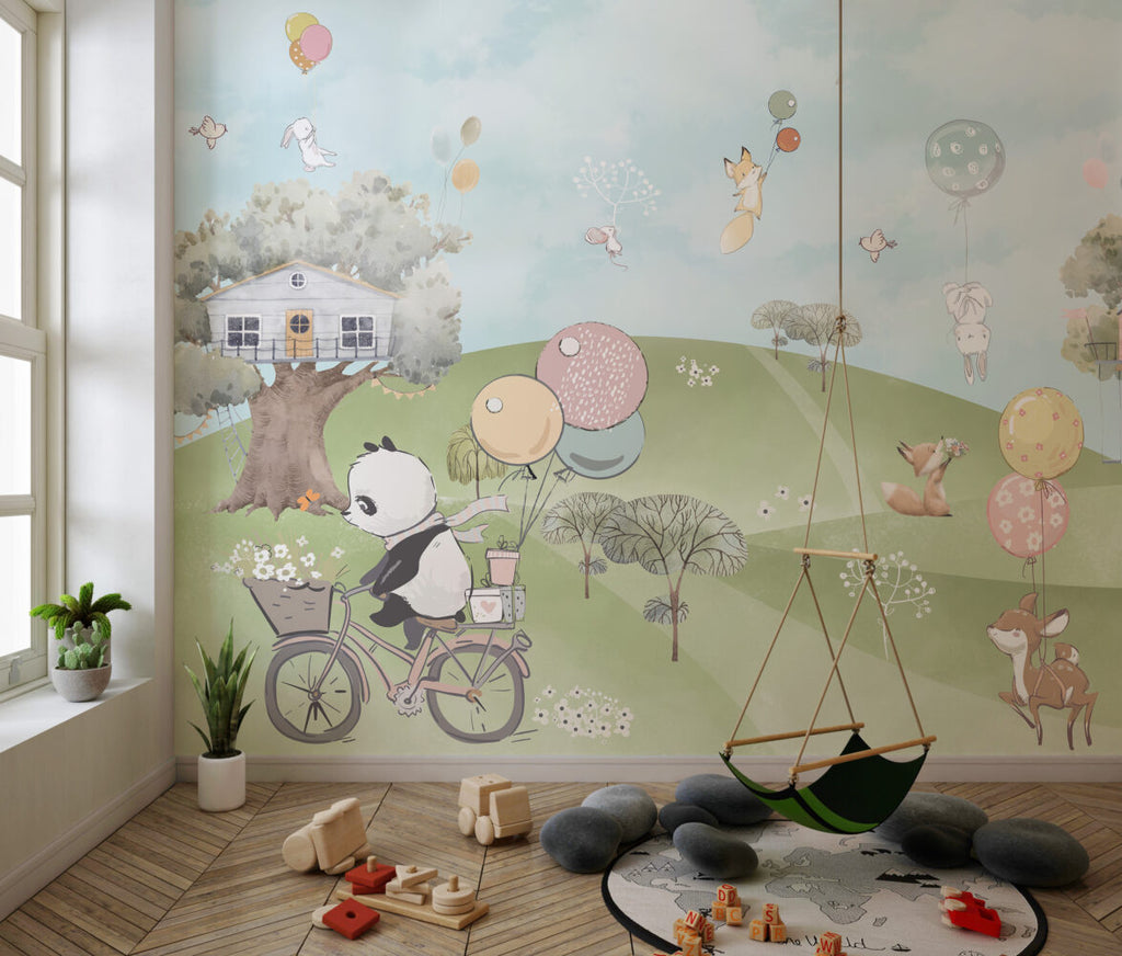 Balloon Panda Wallpaper : Green Hills Woodland Kids Mural - View 4