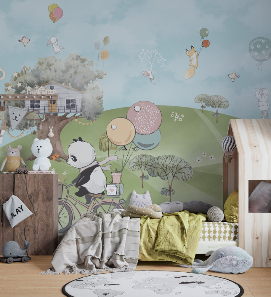 Balloon Panda Wallpaper : Green Hills Woodland Kids Mural - View 5