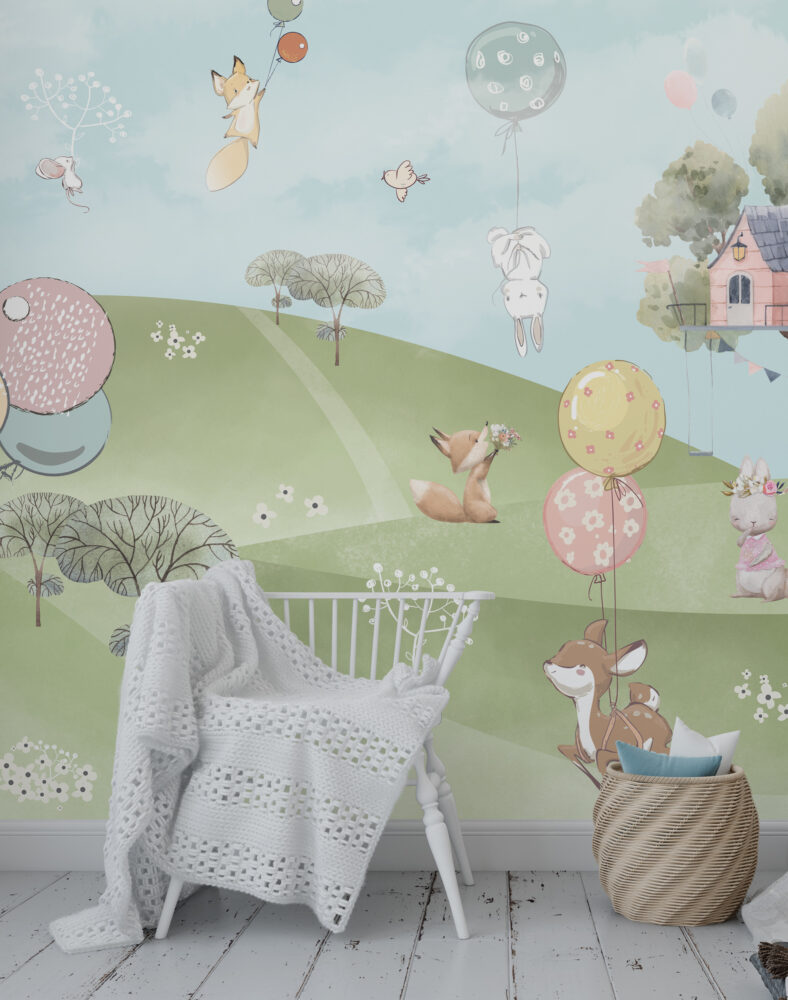 Balloon Panda Wallpaper : Green Hills Woodland Kids Mural