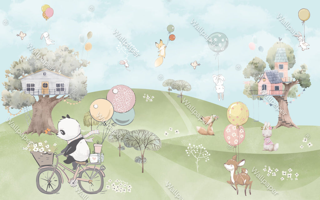 Balloon Panda Wallpaper : Green Hills Woodland Kids Mural - View 2