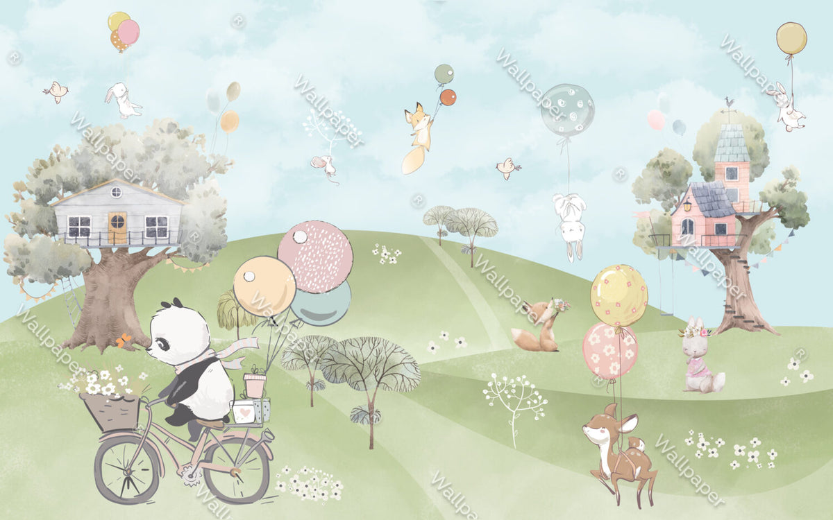 Balloon Panda Wallpaper : Green Hills Woodland Kids Mural - View 2