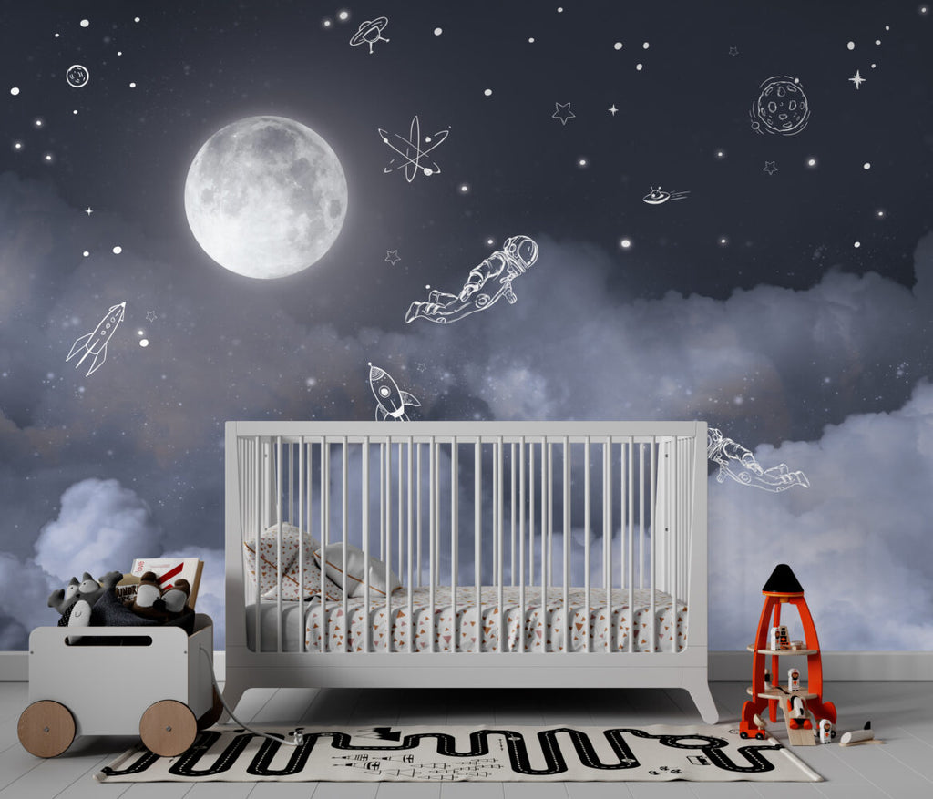 Moonlight Line Astronaut Wallpaper : Night Sky Kids Mural - View 3