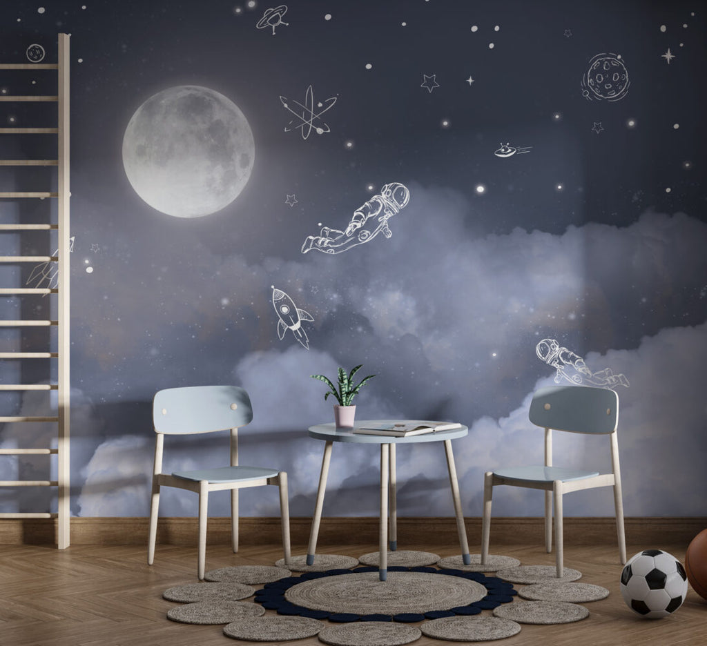 Moonlight Line Astronaut Wallpaper : Night Sky Kids Mural - View 4