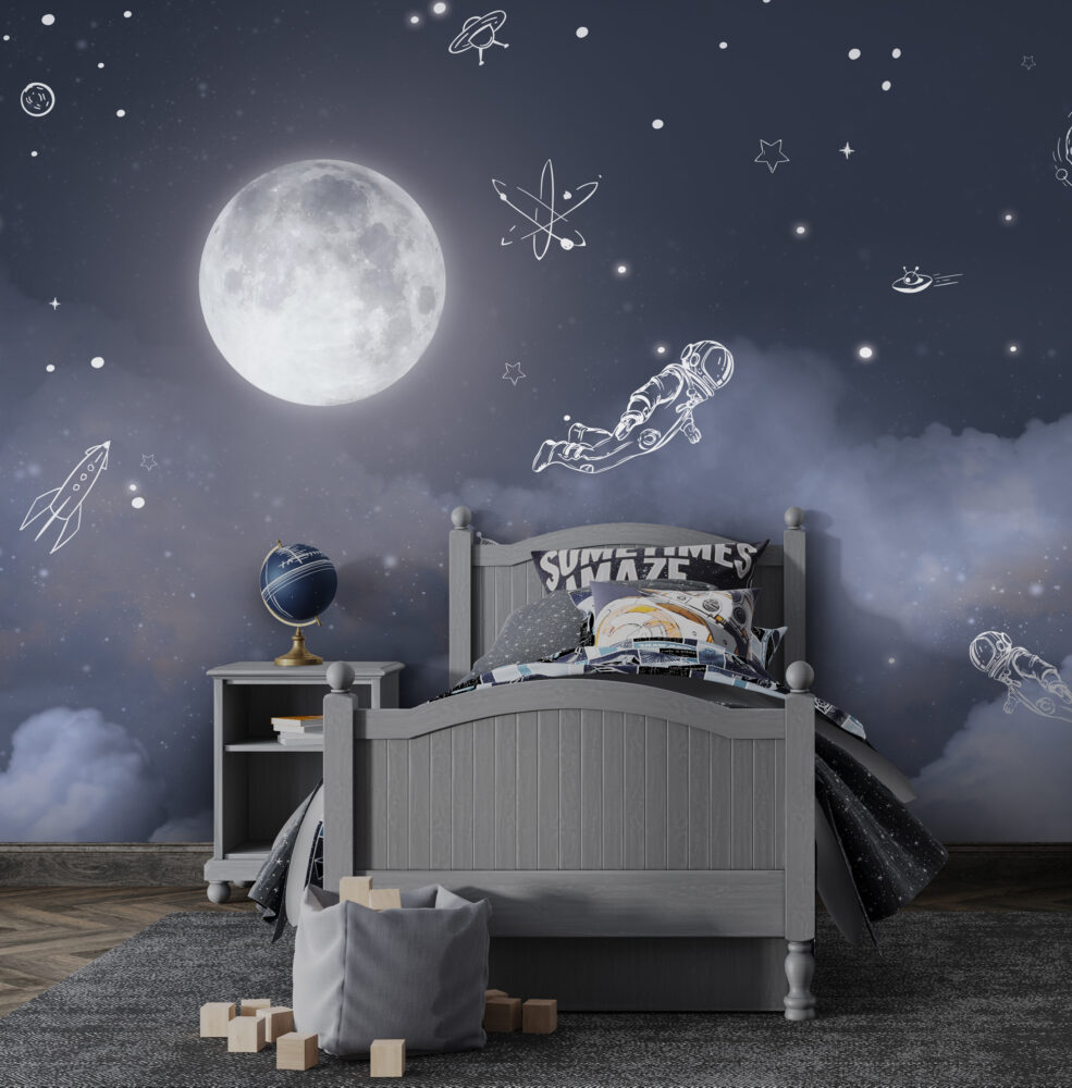 Moonlight Line Astronaut Wallpaper : Night Sky Kids Mural - View 5