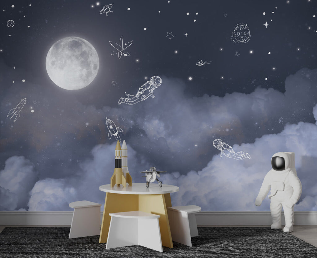 Moonlight Line Astronaut Wallpaper : Night Sky Kids Mural - View 6