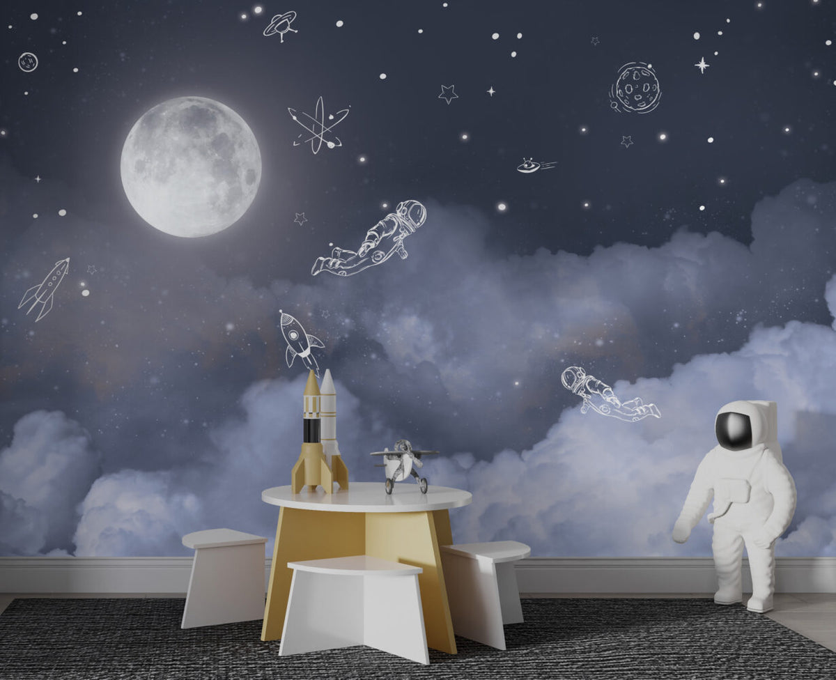 Moonlight Line Astronaut Wallpaper : Night Sky Kids Mural - View 6
