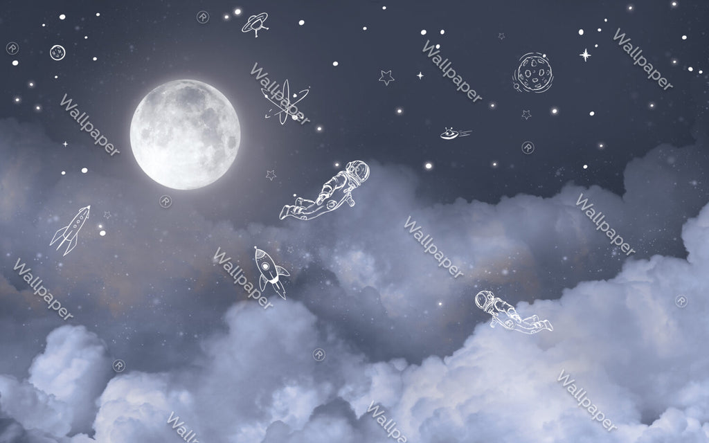Moonlight Line Astronaut Wallpaper : Night Sky Kids Mural - View 2