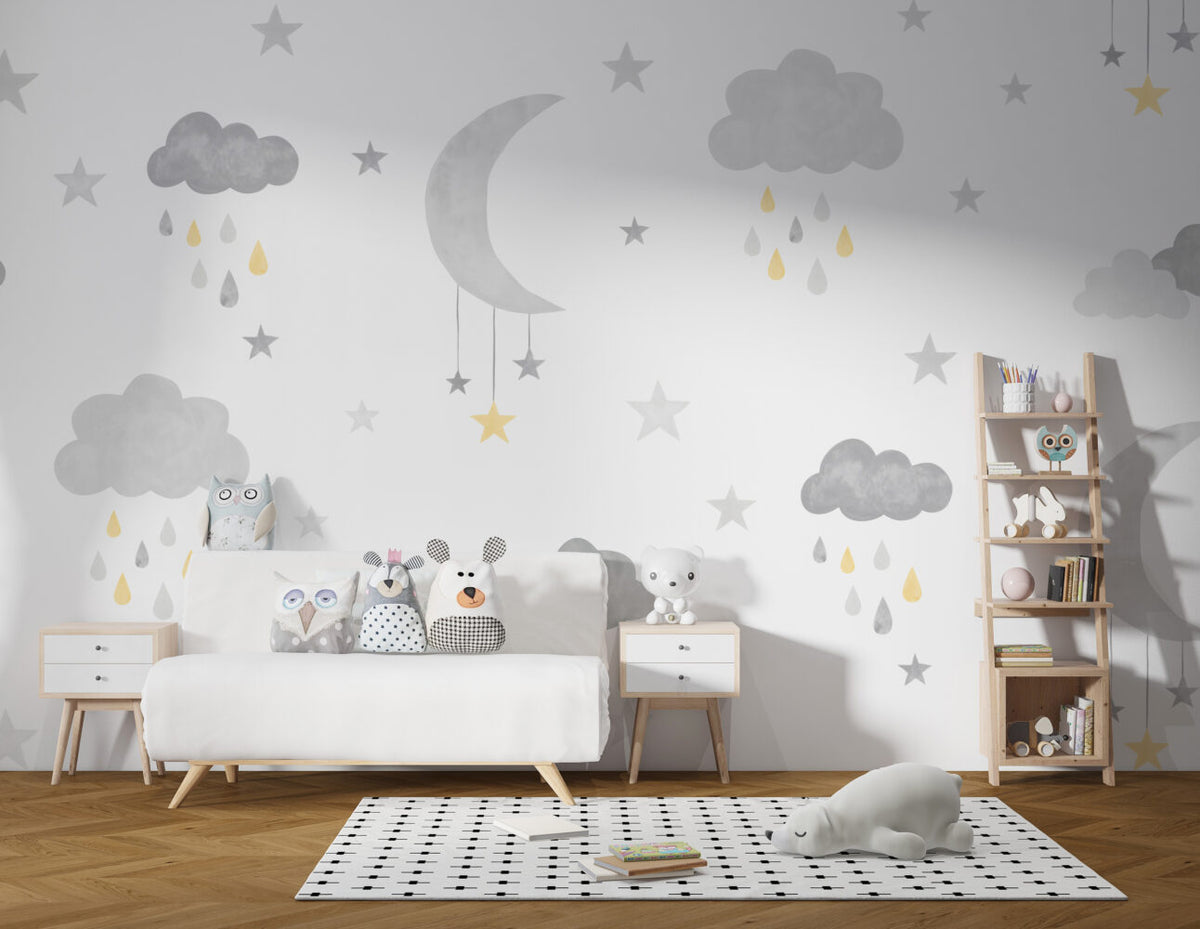 Moon and Rain Clouds Wallpaper : Grey Stars Nursery Mural - View 3