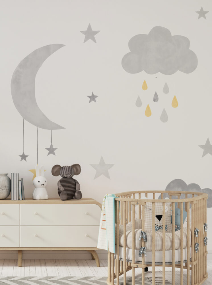Moon and Rain Clouds Wallpaper : Grey Stars Nursery Mural - View 4