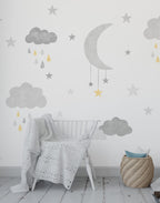 Moon and Rain Clouds Wallpaper : Grey Stars Nursery Mural - View 5