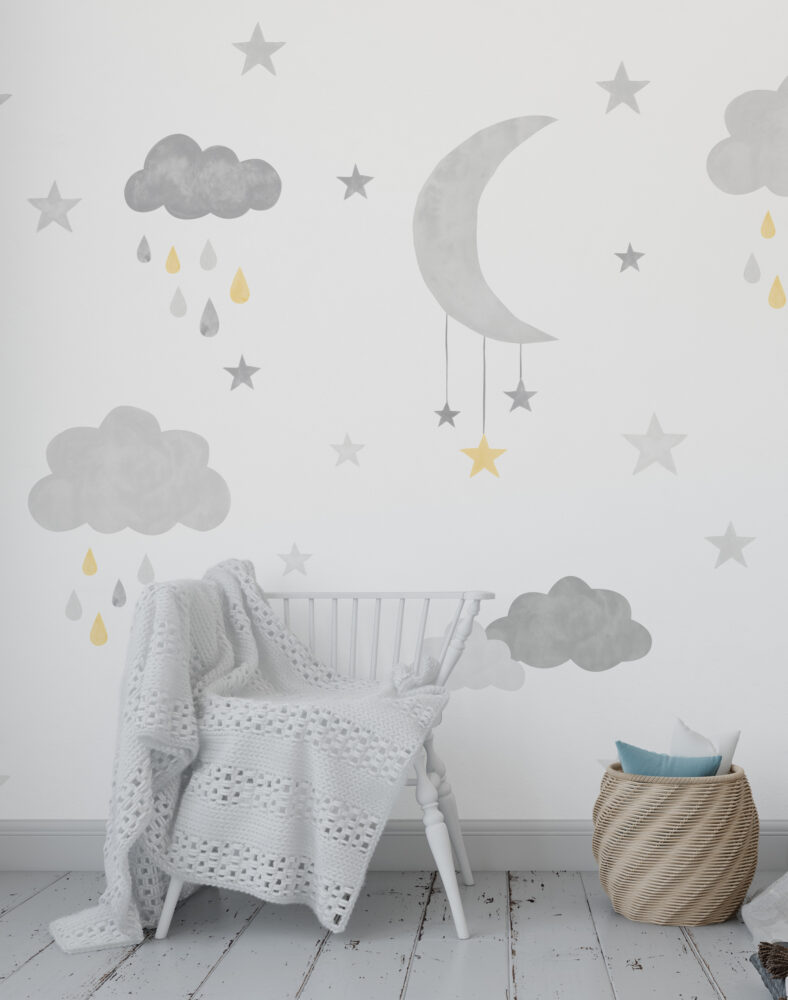 Moon and Rain Clouds Wallpaper : Grey Stars Nursery Mural - View 5