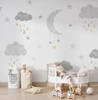 Moon and Rain Clouds Wallpaper : Grey Stars Nursery Mural - View 6
