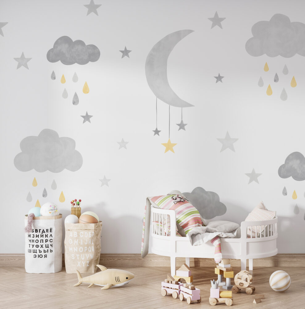Moon and Rain Clouds Wallpaper : Grey Stars Nursery Mural - View 6