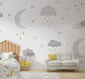 Moon and Rain Clouds Wallpaper : Grey Stars Nursery Mural