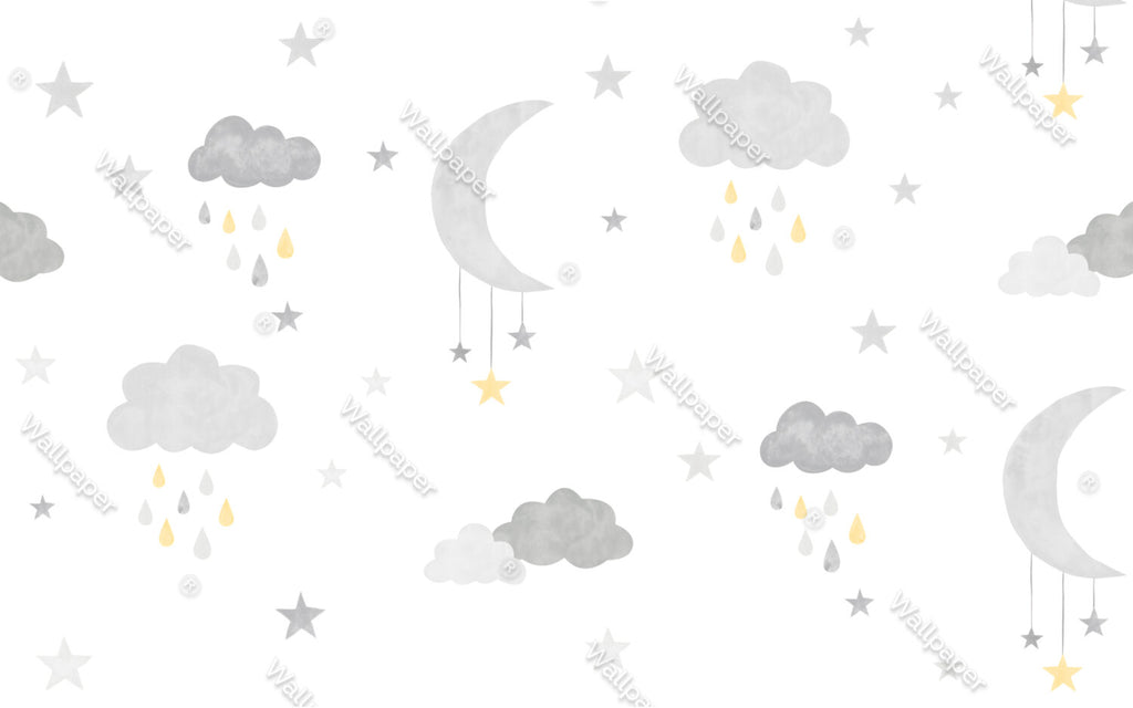 Moon and Rain Clouds Wallpaper : Grey Stars Nursery Mural - View 2