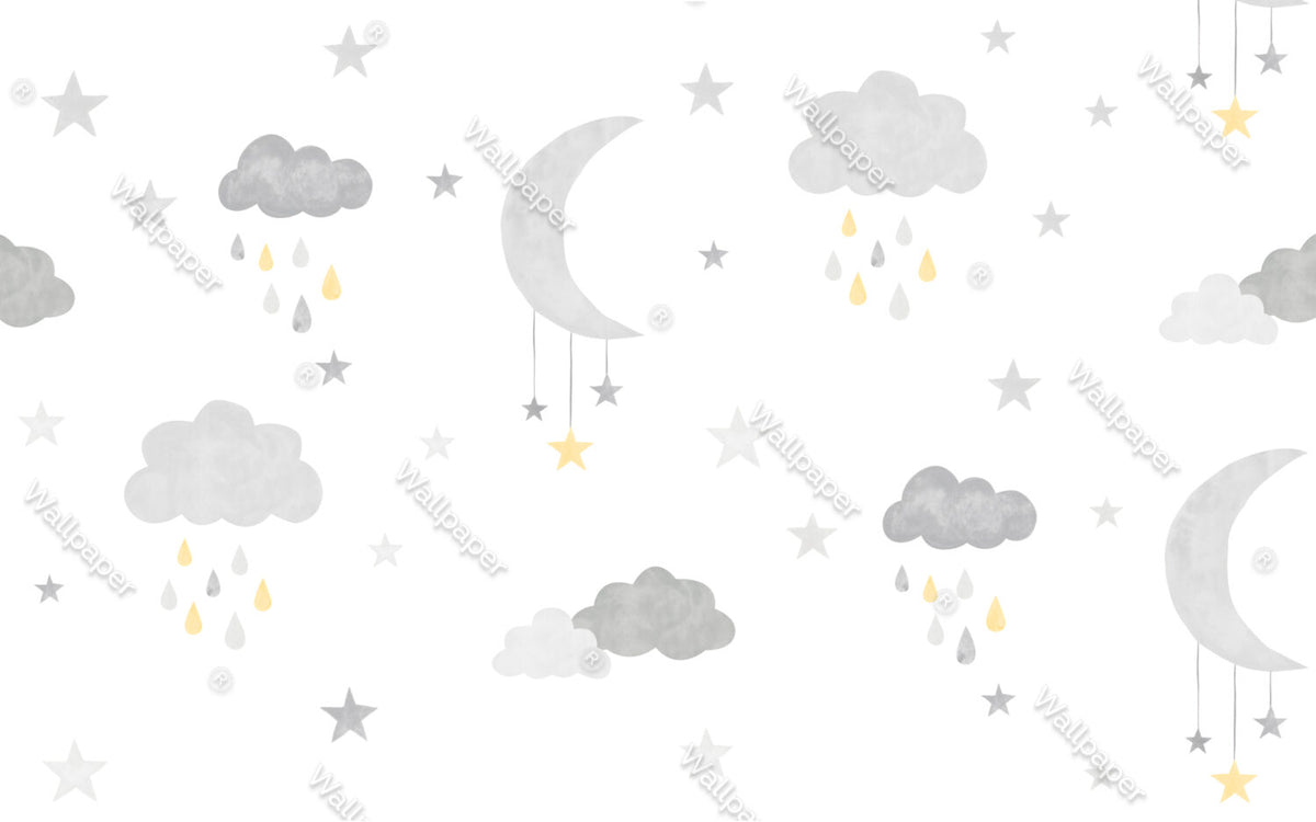 Moon and Rain Clouds Wallpaper : Grey Stars Nursery Mural - View 2