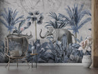 Blue Jungle Elephant Wallpaper : Rhino and Tropical Leaves Mural - View 3