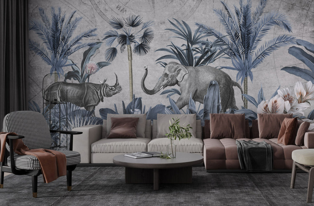 Blue Jungle Elephant Wallpaper : Rhino and Tropical Leaves Mural - View 4