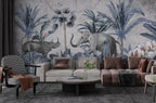 Blue Jungle Elephant Wallpaper : Rhino and Tropical Leaves Mural - View 4