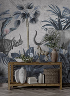 Blue Jungle Elephant Wallpaper : Rhino and Tropical Leaves Mural - View 5