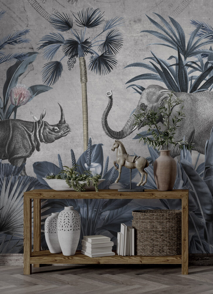 Blue Jungle Elephant Wallpaper : Rhino and Tropical Leaves Mural - View 5