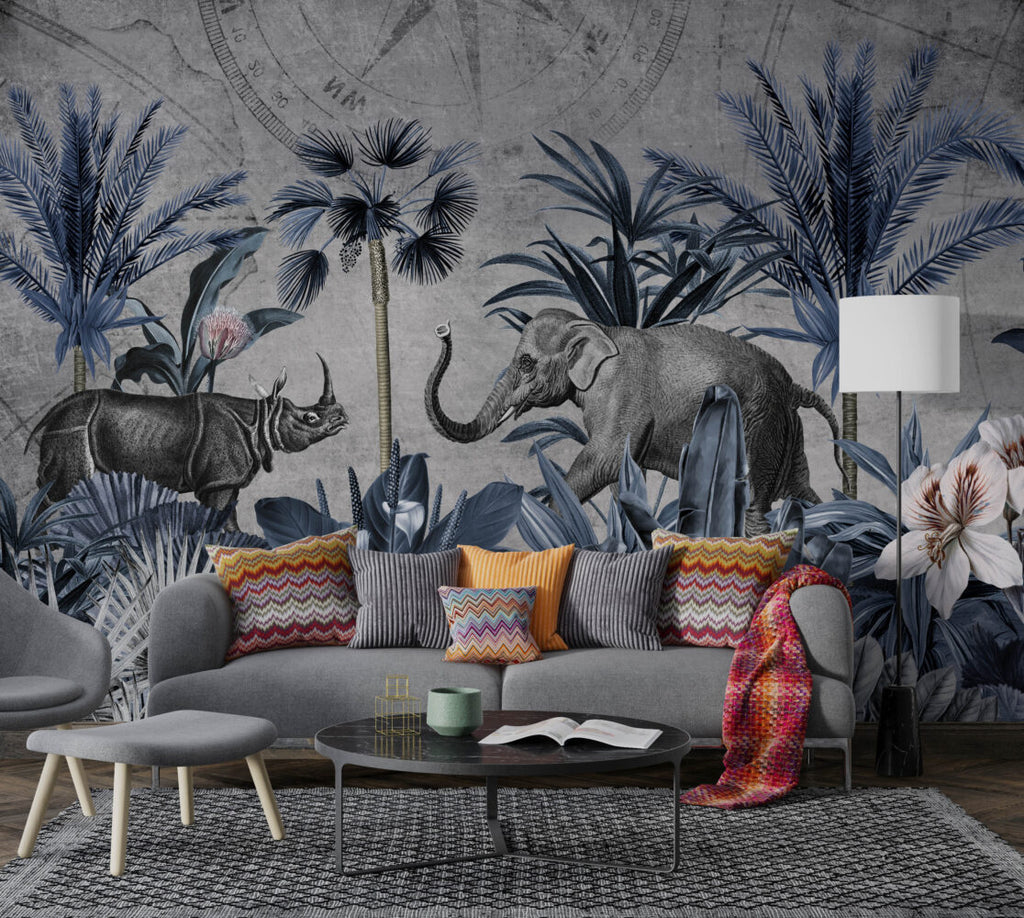Blue Jungle Elephant Wallpaper : Rhino and Tropical Leaves Mural