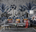 Blue Jungle Elephant Wallpaper : Rhino and Tropical Leaves Mural